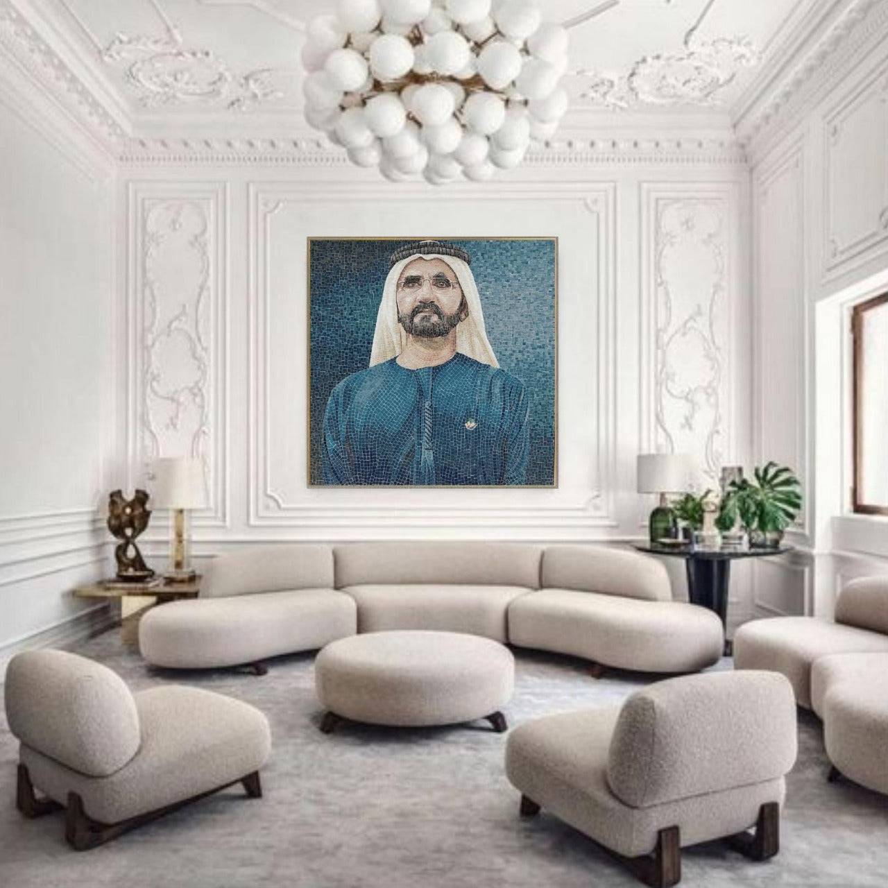 H. H. Sh Mohammed Bin Rashid Handmade Ice Jade Mosaic With Golden Frame 120X120 Cm Qp102 -  Paintings - ebarza Furniture UAE | Shop Modern Furniture in Abu Dhabi & Dubai - مفروشات ايبازرا في الامارات | تسوق اثاث عصري وديكورات مميزة في دبي وابوظبي