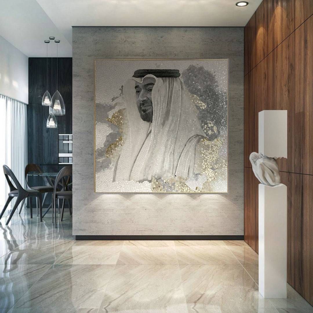 H. H. Sh Muhammad Bin Zayed Ice Jade Handmade  Mosaic With Golden Frame 120X120 Cm Qp101 -  Paintings - ebarza Furniture UAE | Shop Modern Furniture in Abu Dhabi & Dubai - مفروشات ايبازرا في الامارات | تسوق اثاث عصري وديكورات مميزة في دبي وابوظبي