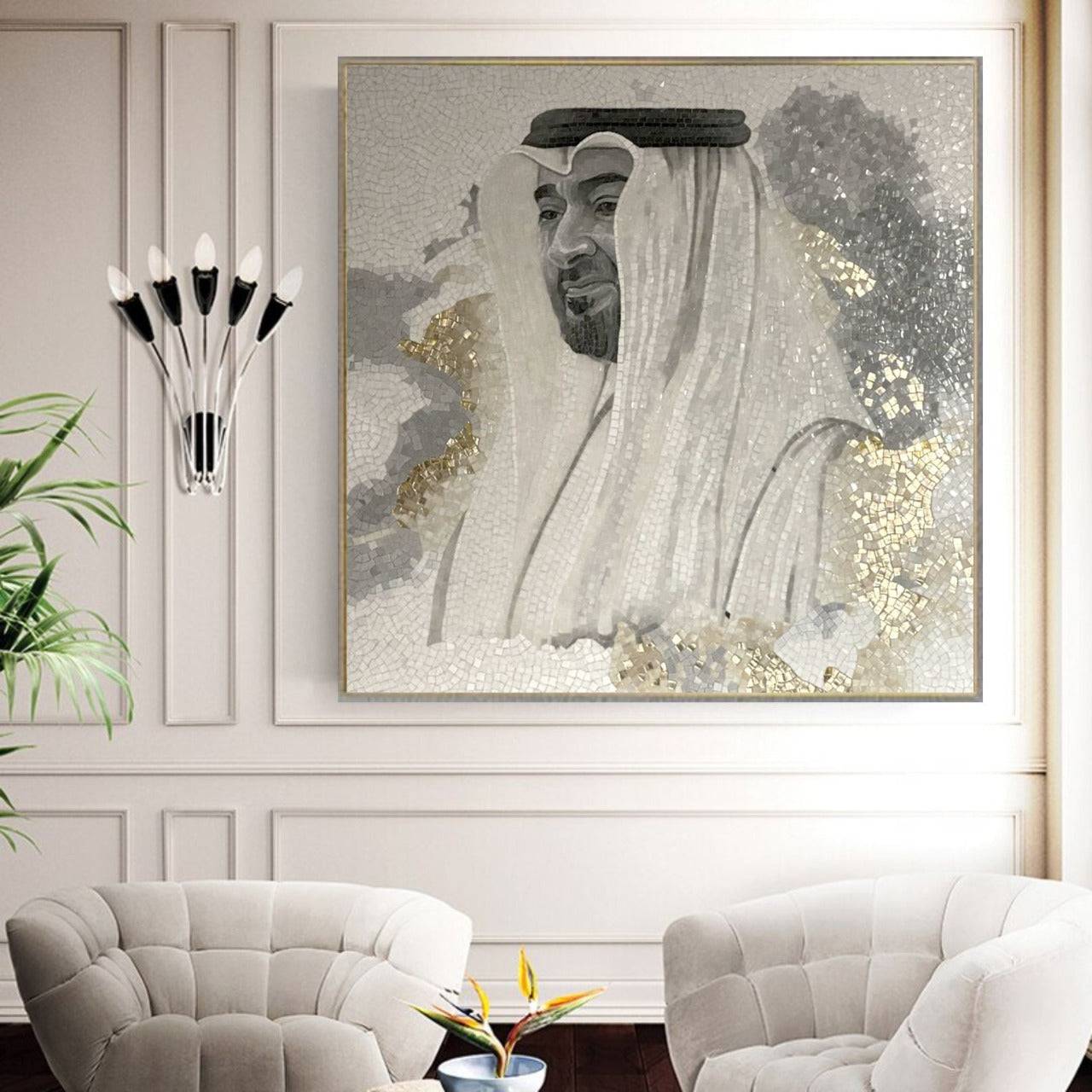 H. H. Sh Muhammad Bin Zayed Ice Jade Handmade  Mosaic With Golden Frame 120X120 Cm Qp101 -  Paintings - ebarza Furniture UAE | Shop Modern Furniture in Abu Dhabi & Dubai - مفروشات ايبازرا في الامارات | تسوق اثاث عصري وديكورات مميزة في دبي وابوظبي