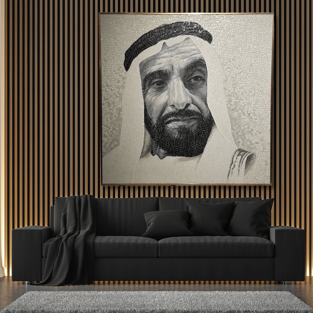 H. H. Sheikh Zayed Handmade Ice Jade Mosaic With Golden Frame 120X120 Cm Qp103 -  Paintings - ebarza Furniture UAE | Shop Modern Furniture in Abu Dhabi & Dubai - مفروشات ايبازرا في الامارات | تسوق اثاث عصري وديكورات مميزة في دبي وابوظبي