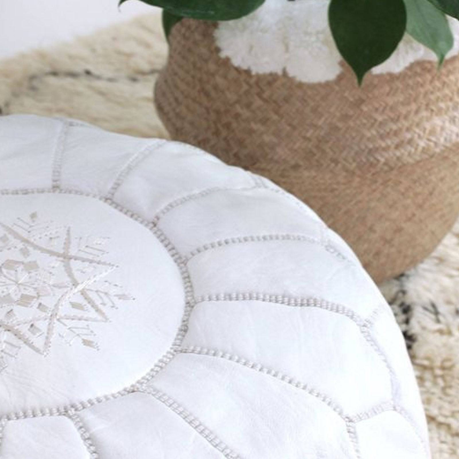 Handmade Genuine Leather Moroccan Style Pouf Morocco-White -  Poufs - ebarza Furniture UAE | Shop Modern Furniture in Abu Dhabi & Dubai - مفروشات ايبازرا في الامارات | تسوق اثاث عصري وديكورات مميزة في دبي وابوظبي