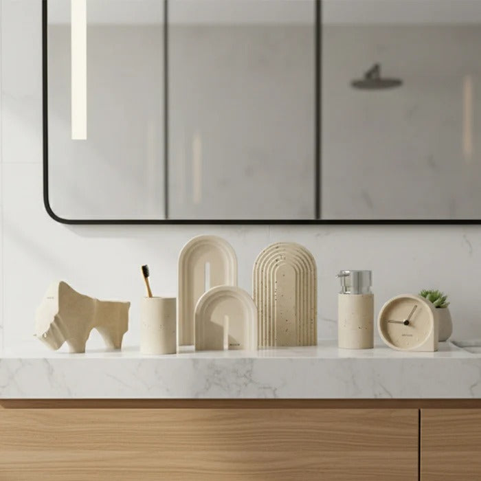 7 Pieces Soft Sand  Ebarza Bathroom Set - SSE -  Bathroom Accessories - ebarza Furniture UAE | Shop Modern Furniture in Abu Dhabi & Dubai - مفروشات ايبازرا في الامارات | تسوق اثاث عصري وديكورات مميزة في دبي وابوظبي