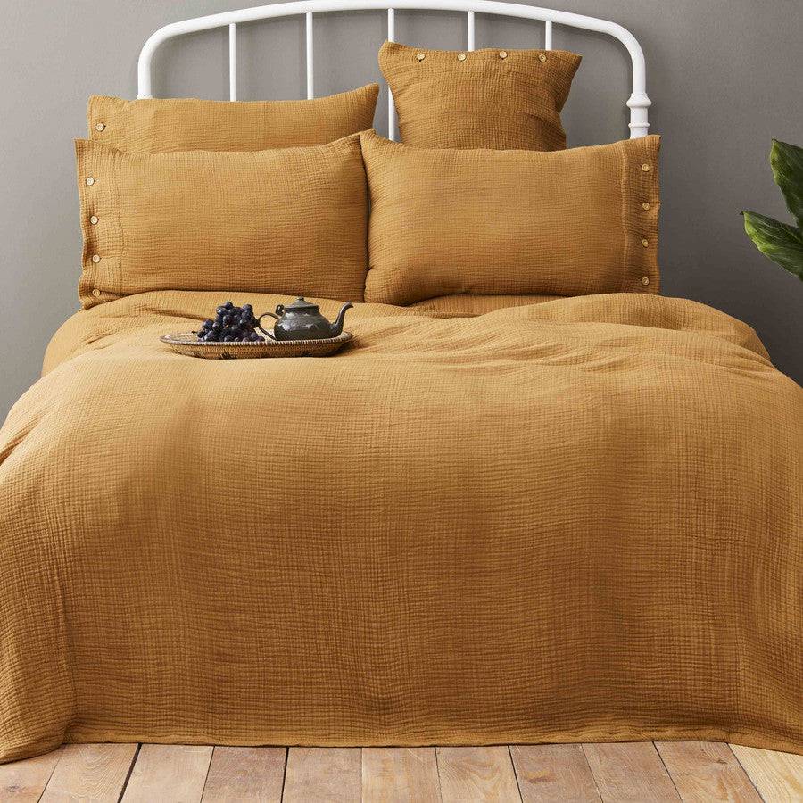 Karaca Nautica Home Bow Mustard Double-Sided Single Muslin Bedspread Set 180.01.01.0432 -  Bedding - ebarza Furniture UAE | Shop Modern Furniture in Abu Dhabi & Dubai - مفروشات ايبازرا في الامارات | تسوق اثاث عصري وديكورات مميزة في دبي وابوظبي