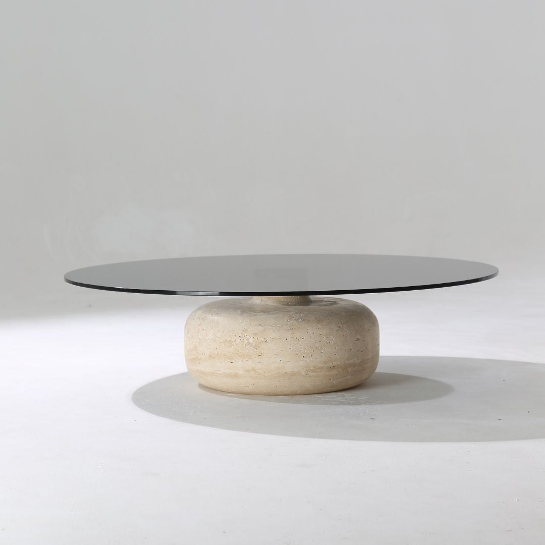 Minimal Grey Glass & Travatine Marble Round Coffee Table CT8683-SG-NEW -  Coffee tables - ebarza Furniture UAE | Shop Modern Furniture in Abu Dhabi & Dubai - مفروشات ايبازرا في الامارات | تسوق اثاث عصري وديكورات مميزة في دبي وابوظبي
