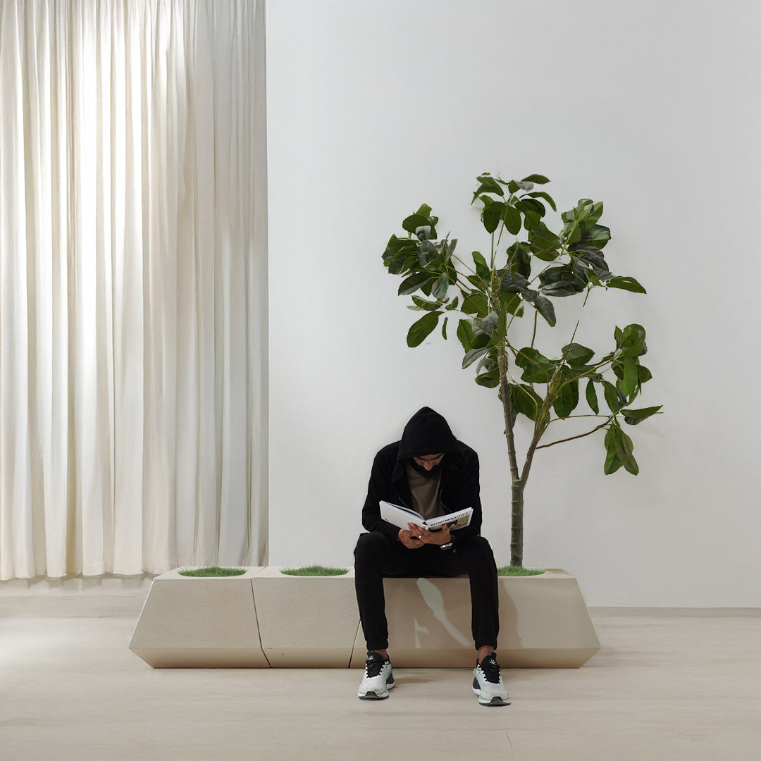 Set Of 3 Outdoor/Indoor Fiberglass Concrete Planter Box And Bench Xk-5040A+B+C - Beige -  Planter Boxes - ebarza Furniture UAE | Shop Modern Furniture in Abu Dhabi & Dubai - مفروشات ايبازرا في الامارات | تسوق اثاث عصري وديكورات مميزة في دبي وابوظبي