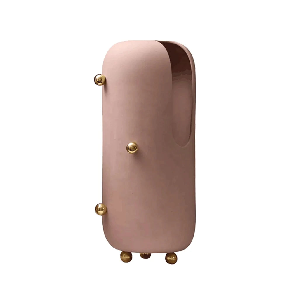 Blush Ceramic Vase With Gold Stainless Steel Detail Fd-D22064A -  Vases - ebarza Furniture UAE | Shop Modern Furniture in Abu Dhabi & Dubai - مفروشات ايبازرا في الامارات | تسوق اثاث عصري وديكورات مميزة في دبي وابوظبي