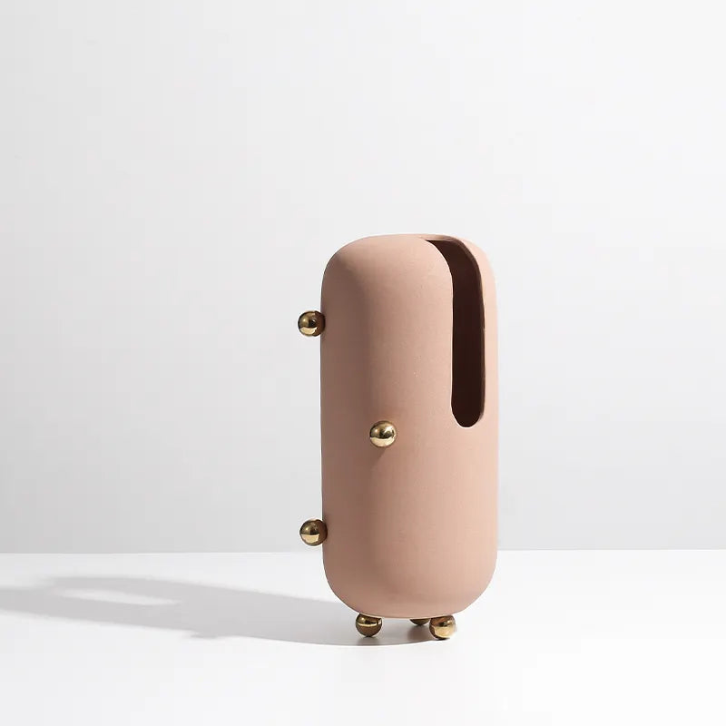 Blush Ceramic Vase With Gold Stainless Steel Detail Fd-D22064A -  Vases - ebarza Furniture UAE | Shop Modern Furniture in Abu Dhabi & Dubai - مفروشات ايبازرا في الامارات | تسوق اثاث عصري وديكورات مميزة في دبي وابوظبي