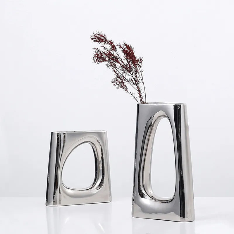 Silver Ceramic Vase - Tall Fa-D22070A -  Vases - ebarza Furniture UAE | Shop Modern Furniture in Abu Dhabi & Dubai - مفروشات ايبازرا في الامارات | تسوق اثاث عصري وديكورات مميزة في دبي وابوظبي