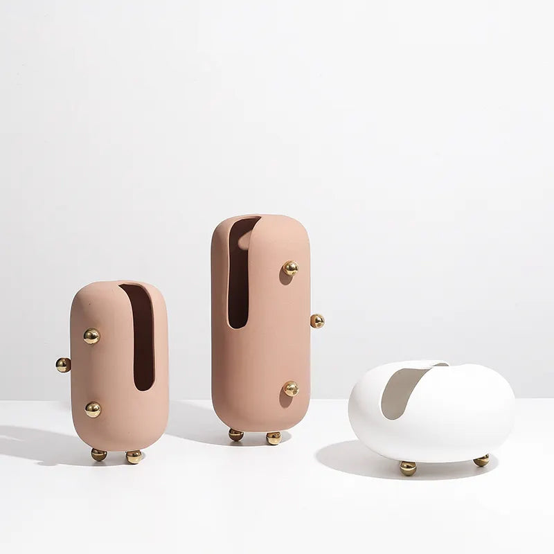 Blush Ceramic Vase With Gold Stainless Steel Detail Fd-D22064A -  Vases - ebarza Furniture UAE | Shop Modern Furniture in Abu Dhabi & Dubai - مفروشات ايبازرا في الامارات | تسوق اثاث عصري وديكورات مميزة في دبي وابوظبي