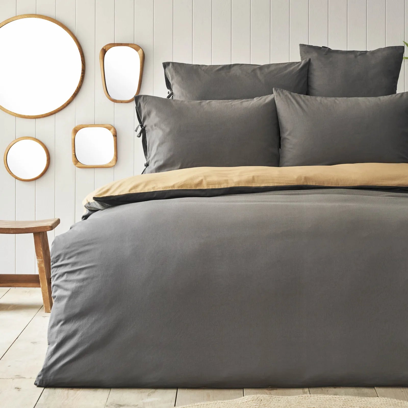 Karaca Nautica Home Bow Anthracite Mustard Double Sided Double Duvet Cover Set 180.01.01.0399 -  Bedding - ebarza Furniture UAE | Shop Modern Furniture in Abu Dhabi & Dubai - مفروشات ايبازرا في الامارات | تسوق اثاث عصري وديكورات مميزة في دبي وابوظبي