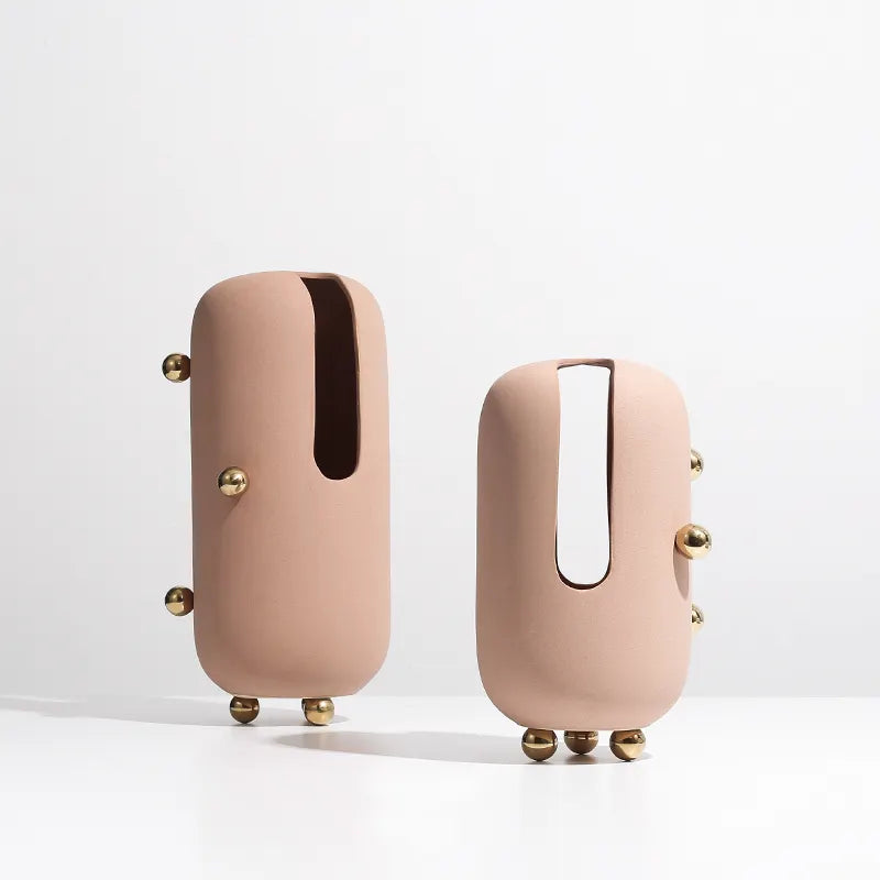 Blush Ceramic Vase With Gold Stainless Steel Detail Fd-D22064A -  Vases - ebarza Furniture UAE | Shop Modern Furniture in Abu Dhabi & Dubai - مفروشات ايبازرا في الامارات | تسوق اثاث عصري وديكورات مميزة في دبي وابوظبي