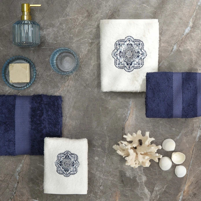 Karaca Home Cleto Off White - Set Of 4 Towels With Indigo Bamboo Cotton Embroidery 200.20.01.0398 -  Towels - ebarza Furniture UAE | Shop Modern Furniture in Abu Dhabi & Dubai - مفروشات ايبازرا في الامارات | تسوق اثاث عصري وديكورات مميزة في دبي وابوظبي