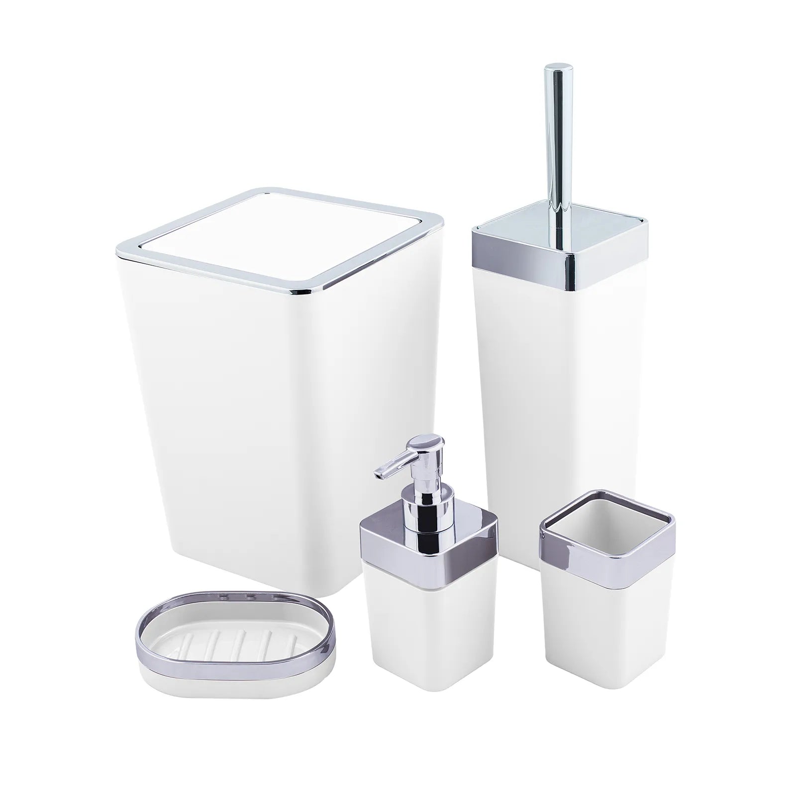 Karaca Home White/Silver 5 Piece Square Bathroom Set 300.21.02.0025 -  Bathroom Accessories - ebarza Furniture UAE | Shop Modern Furniture in Abu Dhabi & Dubai - مفروشات ايبازرا في الامارات | تسوق اثاث عصري وديكورات مميزة في دبي وابوظبي